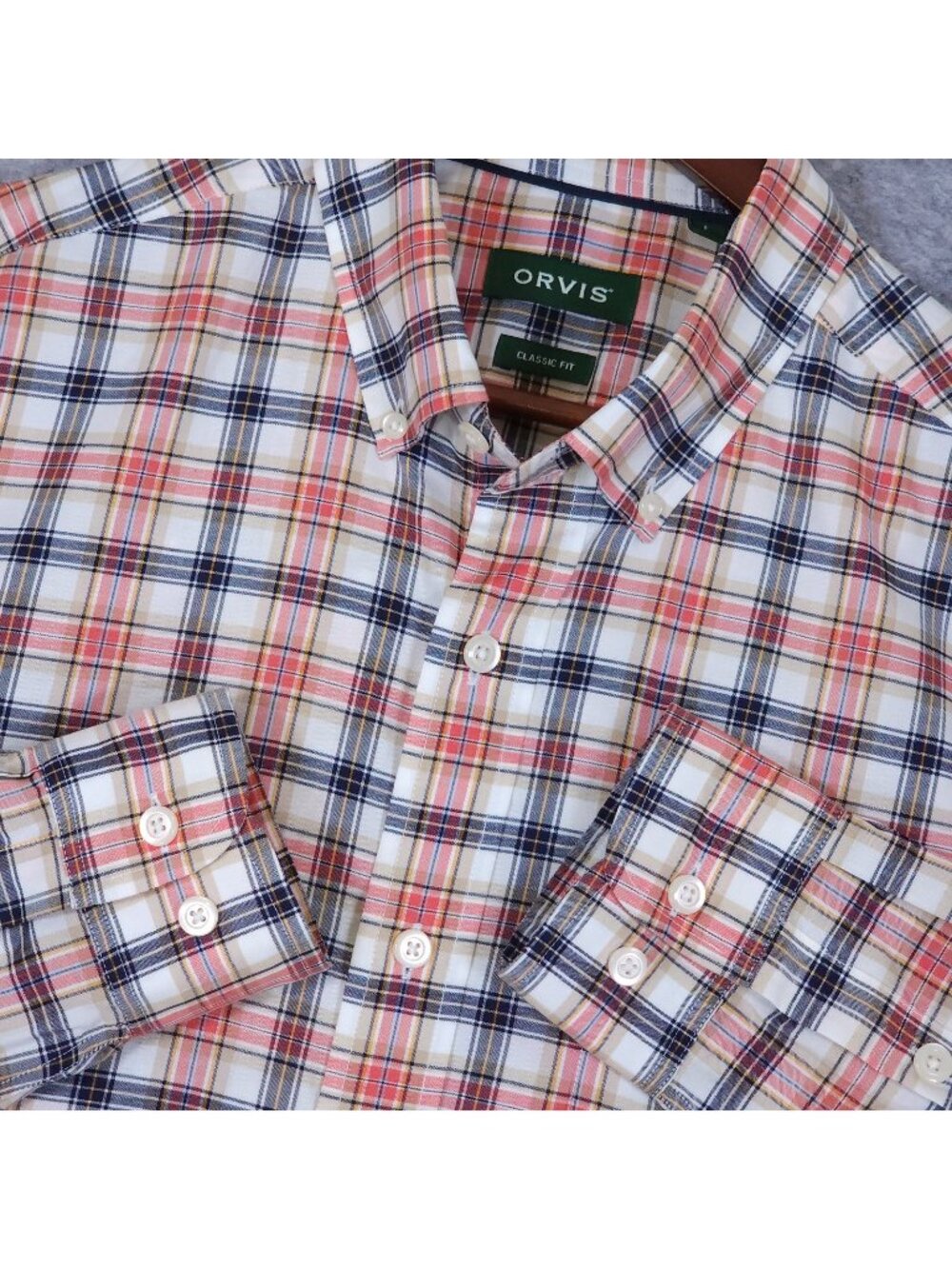 Orvis Wrinkle Free Shirt Mens Large Coral Navy Windowpane Check Button Down